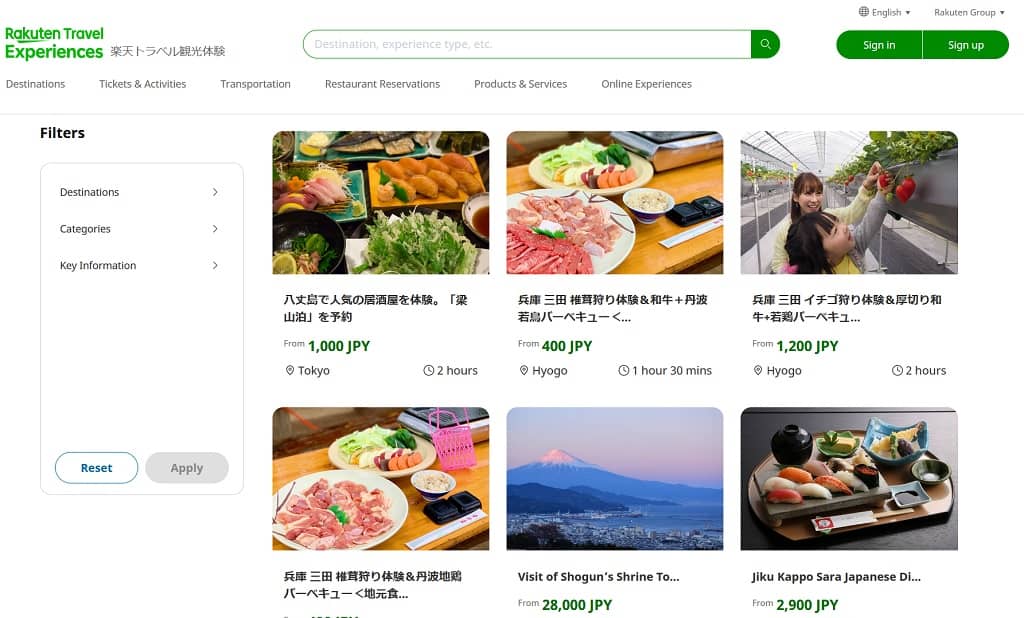 Rakuten Travel Experiences restaurants site The Real Japan travel resources