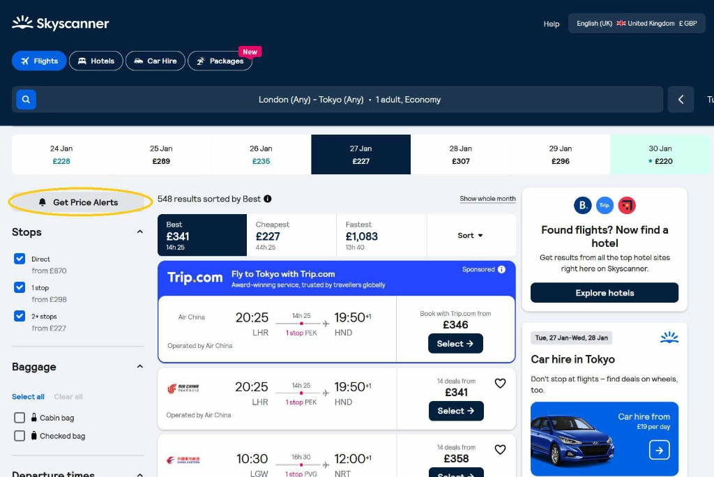 Skyscanner Japan flights price alerts