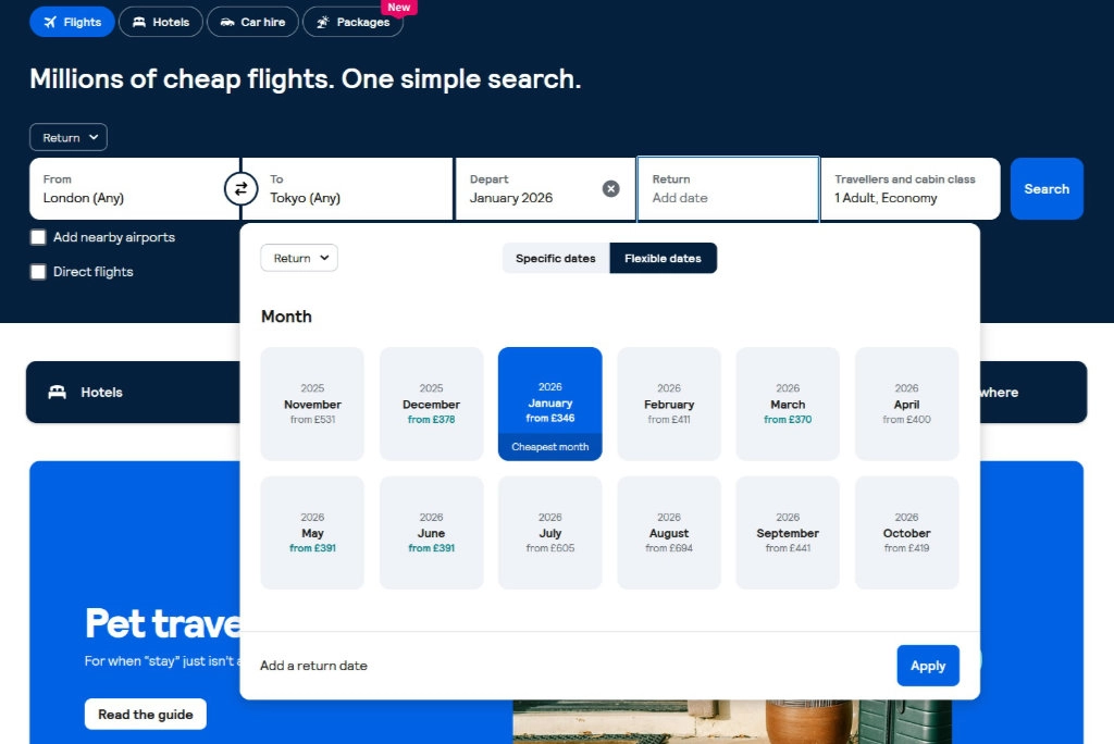 Skyscanner Japan flights whole month search