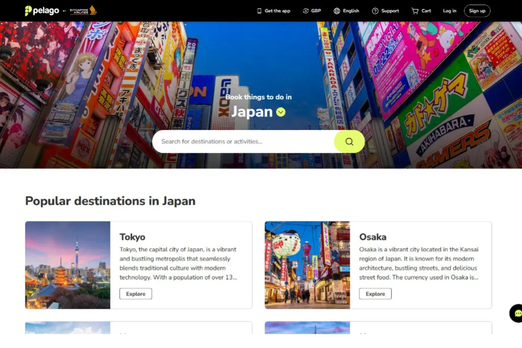 Pelago Japan website