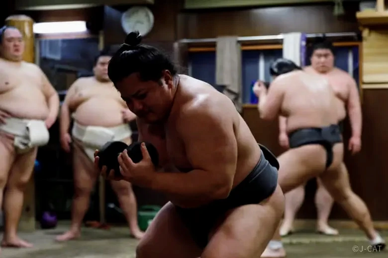Inside a traditional Tokyo sumo stable (heya), a professional rikishi wearing a mawashi belt performs intense weight conditioning with a heavy dumbbell while fellow wrestlers stretch and observe in the background.