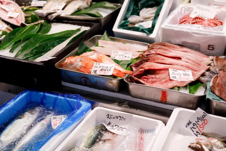 toyosu-fish-market-tour-selection-of-fresh-fish A high-angle layout of various fresh catches displayed on ice in metal trays with handwritten price tags at a Toyosu wholesale stall, featuring red snapper (yume kasago), sliced white fish, and mackerel crates ready for city kitchens
