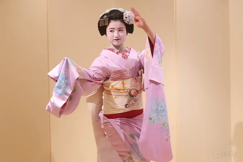 experiences_kyoto_private-geisha-entertainment-dinner-gion-kyoto_maiko-dancing An apprentice maiko with ornate seasonal kanzashi hairpins and a flowing pink kimono performing a graceful, classical Kyo-mai dance with deliberate hand gestures inside a private tatami dining room in Kyoto.