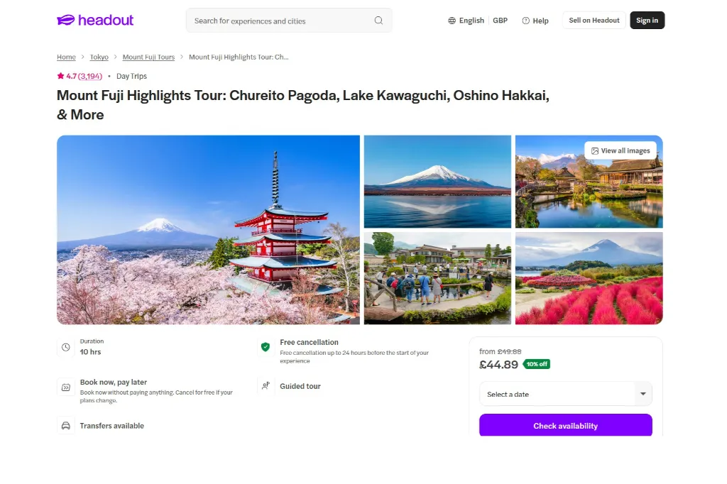 Screenshot of the Headout booking flow for the Mount Fuji Highlights Tour, displaying pricing, tour duration, free cancellation terms, and a photo gallery featuring Chureito Pagoda, Lake Kawaguchiko, and Oshino Hakkai.