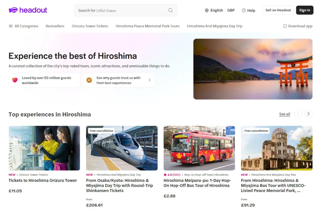 Screenshot of Headout's Hiroshima destination hub, showcasing bookable attractions and day trips including Orizuru Tower observation tickets, the Meipuru-pu hop-on hop-off bus pass, and round-trip Shinkansen tours to Miyajima and the Atomic Bomb Dome.