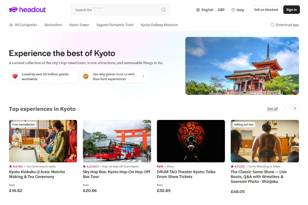 Screenshot of the Kyoto experiences section on Headout, featuring top-rated cultural activities including a Kinkaku-ji matcha-making tea ceremony, the Sky Hop Bus sightseeing tour, and traditional stage performances.