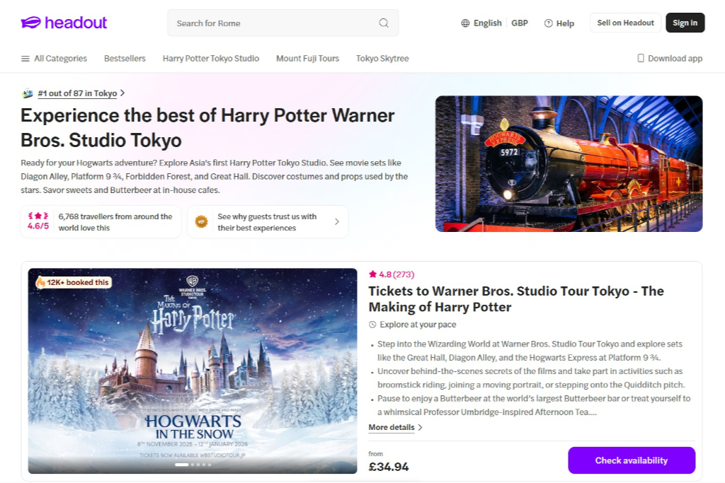 Screenshot of Headout's Warner Bros. Studio Tour Tokyo ticket listing, showing pricing in GBP, visitor review ratings, and promotional imagery of Hogwarts in the Snow and the Hogwarts Express at Platform 9¾.