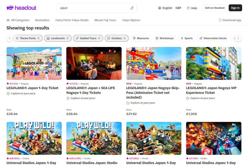 Screenshot of Headout’s theme park listings across Japan, featuring 1-Day tickets and VIP experiences for Legoland Japan in Nagoya alongside Universal Studios Japan studio passes in Osaka.