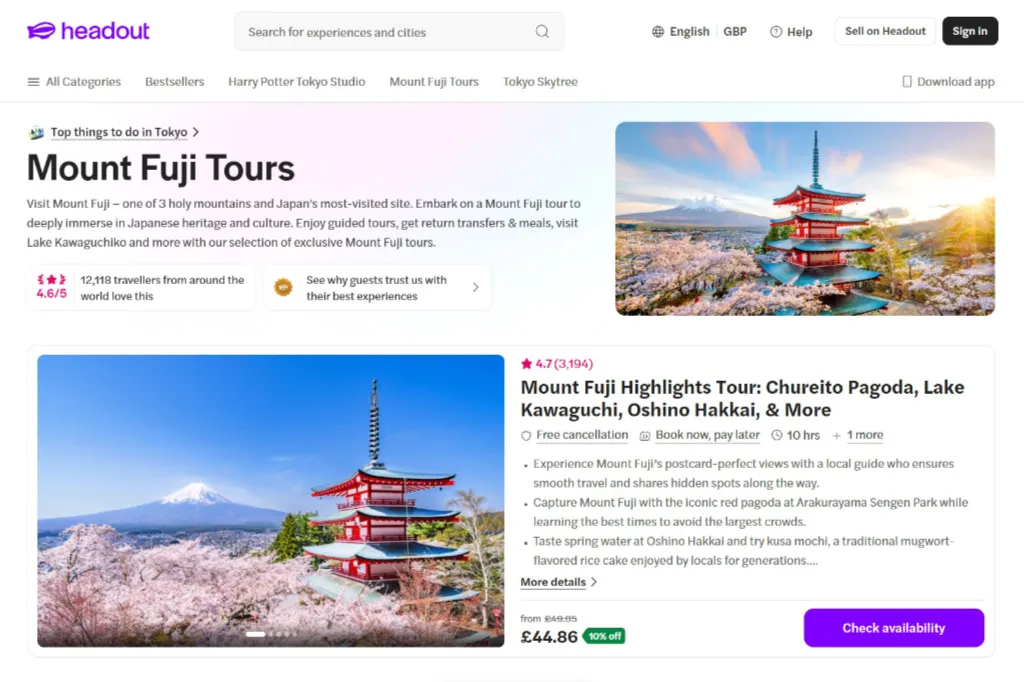 Screenshot of Headout's Mount Fuji tours category page, presenting a curated listing for the full-day Mount Fuji Highlights guided day trip with pricing, rating, and review counts.