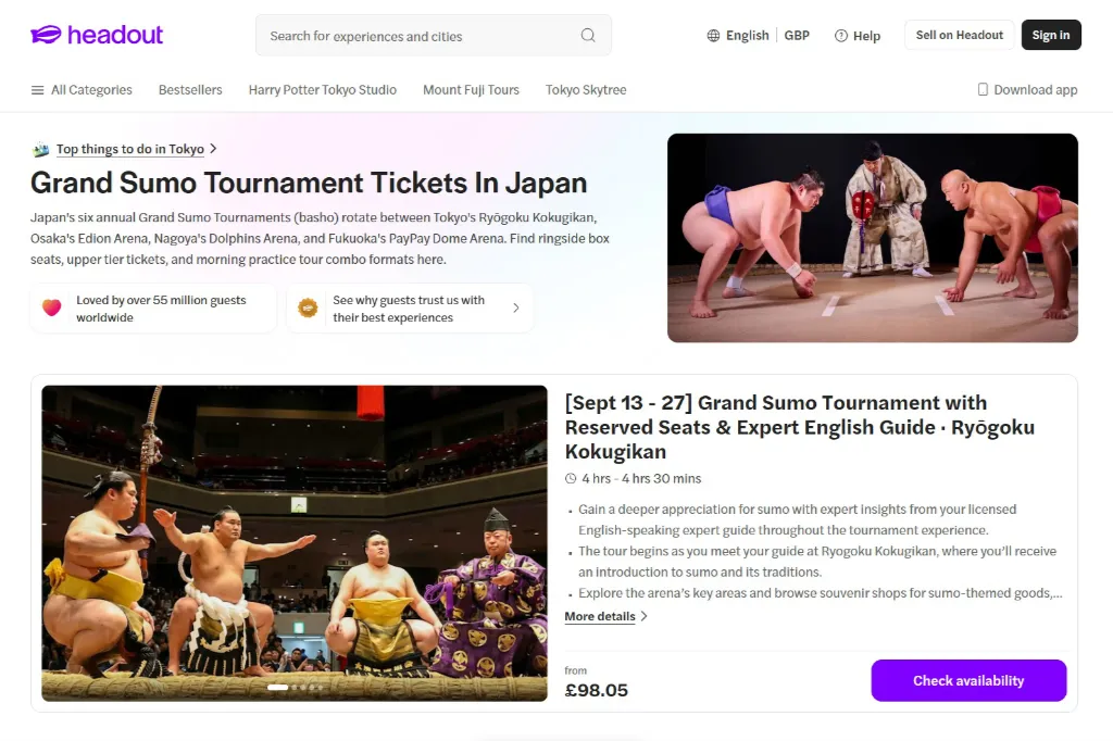 Screenshot of Headout’s Grand Sumo Tournament tickets page for Tokyo, showing reserved seat packages with an expert English guide at Ryogoku Kokugikan along with pricing, duration, and inclusions.