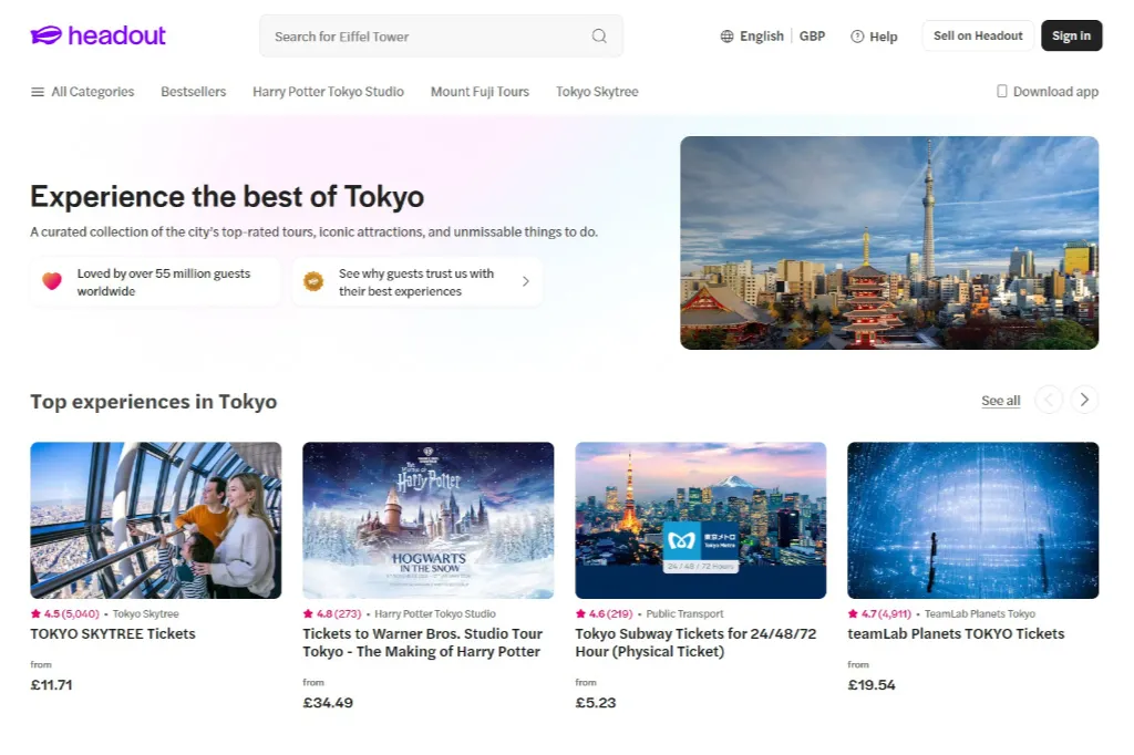 Screenshot of Headout's Tokyo destination page displaying top-rated headline attraction tickets, including Tokyo Skytree, Warner Bros. Studio Tour Tokyo, Tokyo Subway passes, and teamLab Planets.