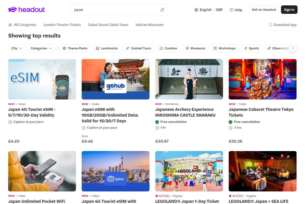 Screenshot of Headout's top search results for Japan, showing travel essentials like tourist eSIMs and unlimited pocket Wi-Fi rentals alongside cultural activities such as Japanese archery in Hiroshima and cabaret theatre tickets.